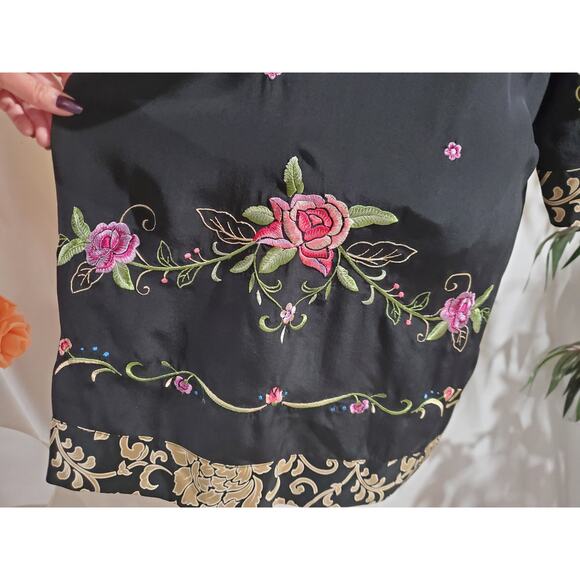 Vtg 90s Yi Lin Silk Embroidered Floral Asian 3/4 Sleeve Kimono Womens S Black - Picture 7 of 11
